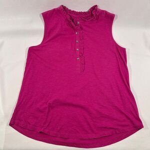 LOFT Hot Pink Sleeveless Top 100% Cotton Ruffle Button Detail Womens Medium